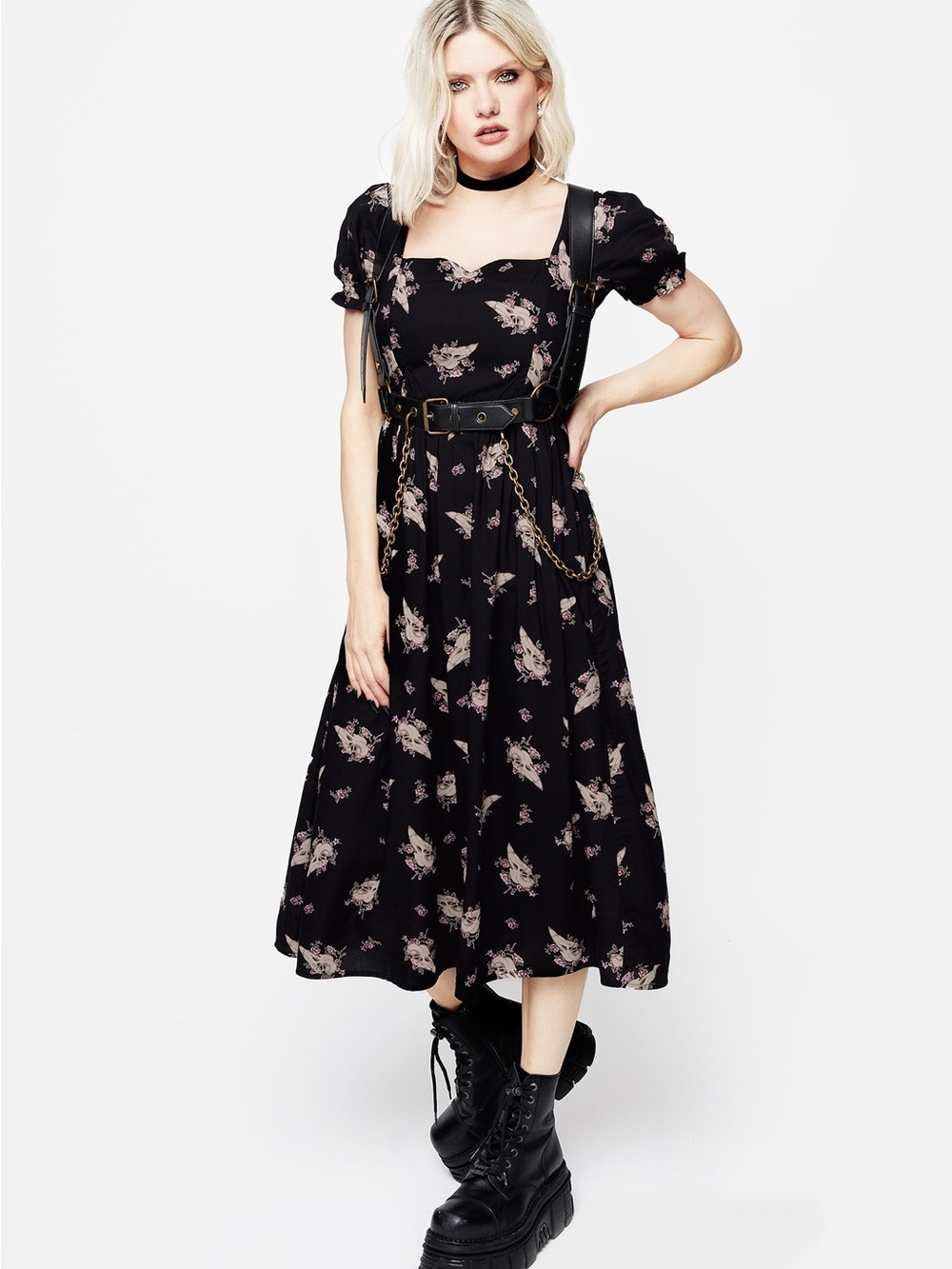 Disturbia Carrion Midi Dress with Puff Sleeves Floral Print